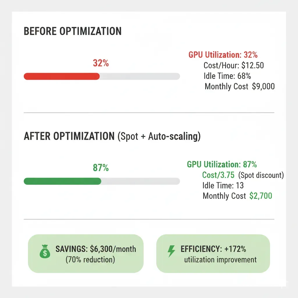 ML Startup GPU optimization: Utilización 32%→87%, coste $9,000→$2,700/mes (-70%), efficiency +172%