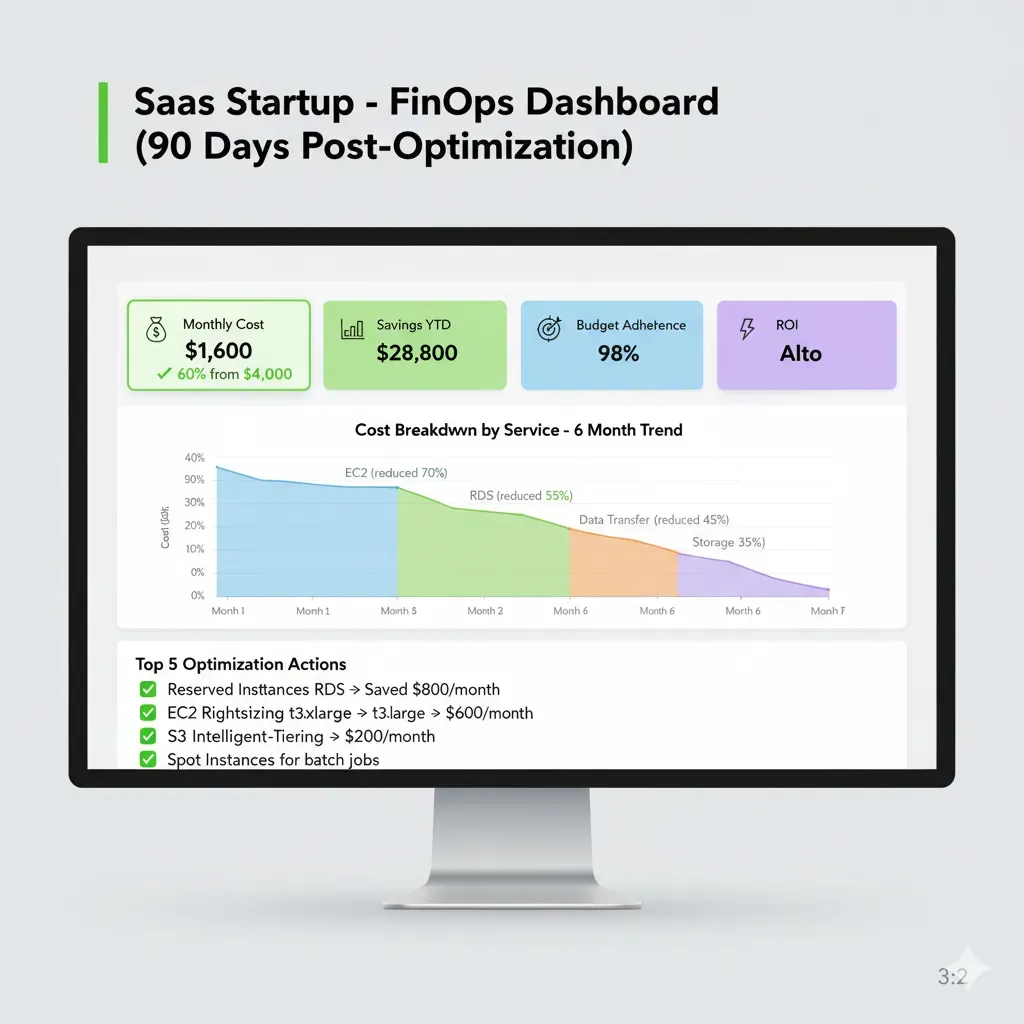 Dashboard savings SaaS Startup: Coste mensual $1,600 (-60% from $4k), savings YTD $28,800, ROI alto, budget adherence 98%