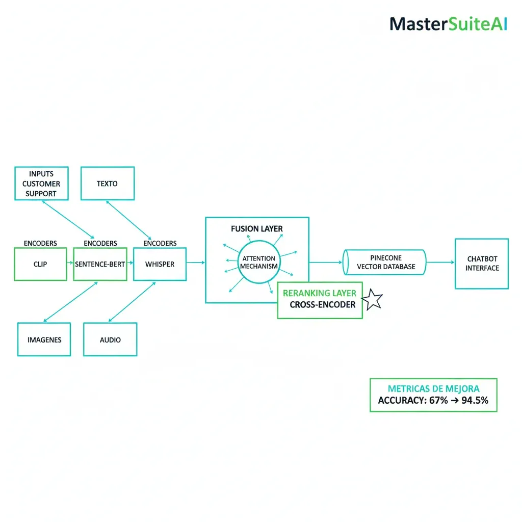 Diagrama detallado de arquitectura microservicios MasterSuiteAI: Python + LangChain + Docker + Kubernetes + Multi-LLM orchestration con GPT-4, Claude, Gemini