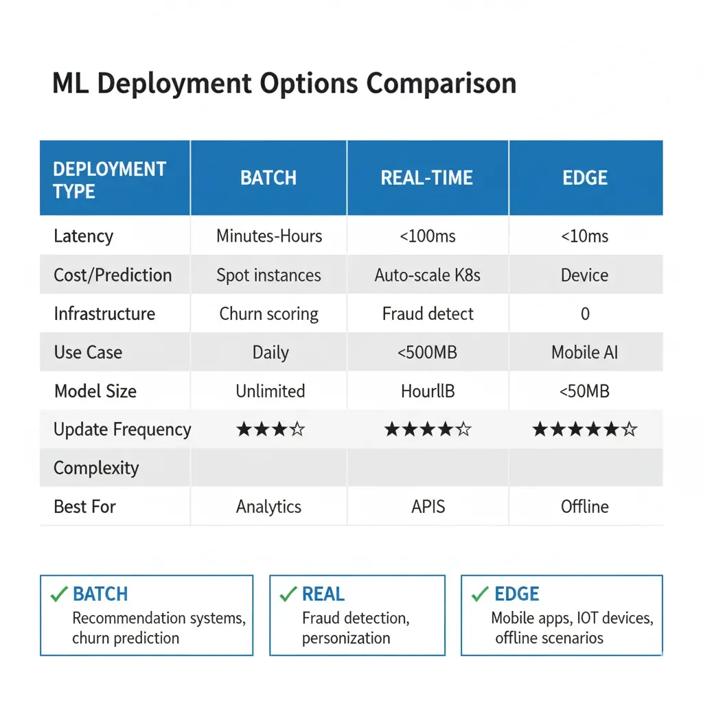 Comparison ML deployment: Batch (minutes-hours), Real-time (<100ms), Edge (<10ms) con use cases y complejidad