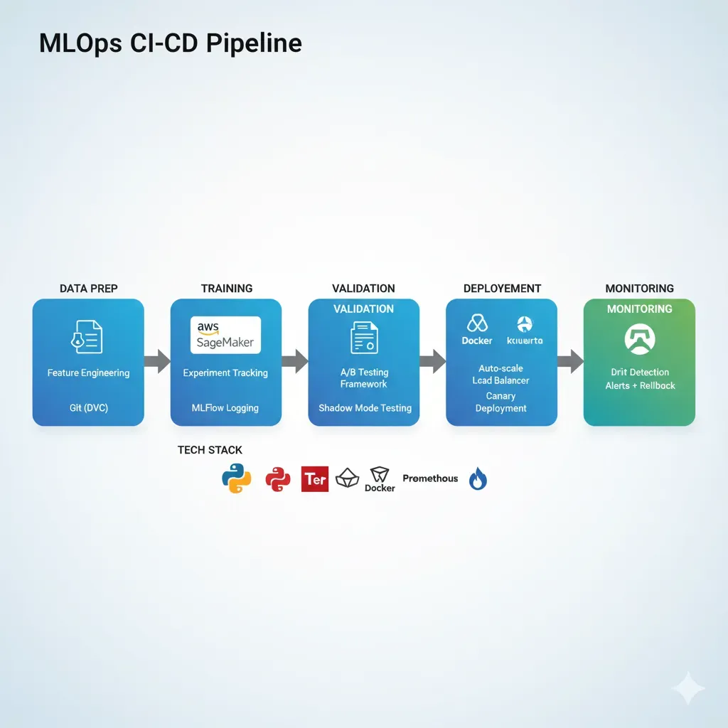 Pipeline CI/CD ML completo: Data Prep → Training (SageMaker) → Validation → Deployment (Docker+K8s) → Monitoring (Grafana)