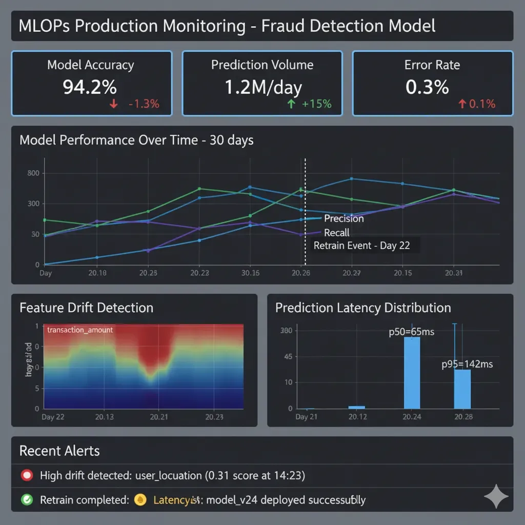 Dashboard Grafana completo: Model accuracy/prediction volume/error rate, performance over time, drift detection, latency distribution