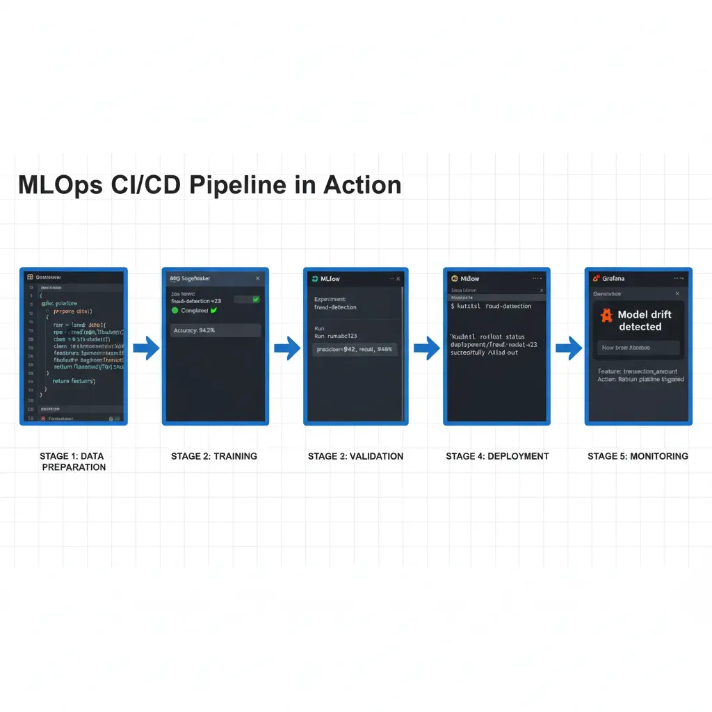 Pipeline stages: Data prep DVC code, SageMaker training, MLflow metrics, kubectl deploy, Grafana alert monitoring