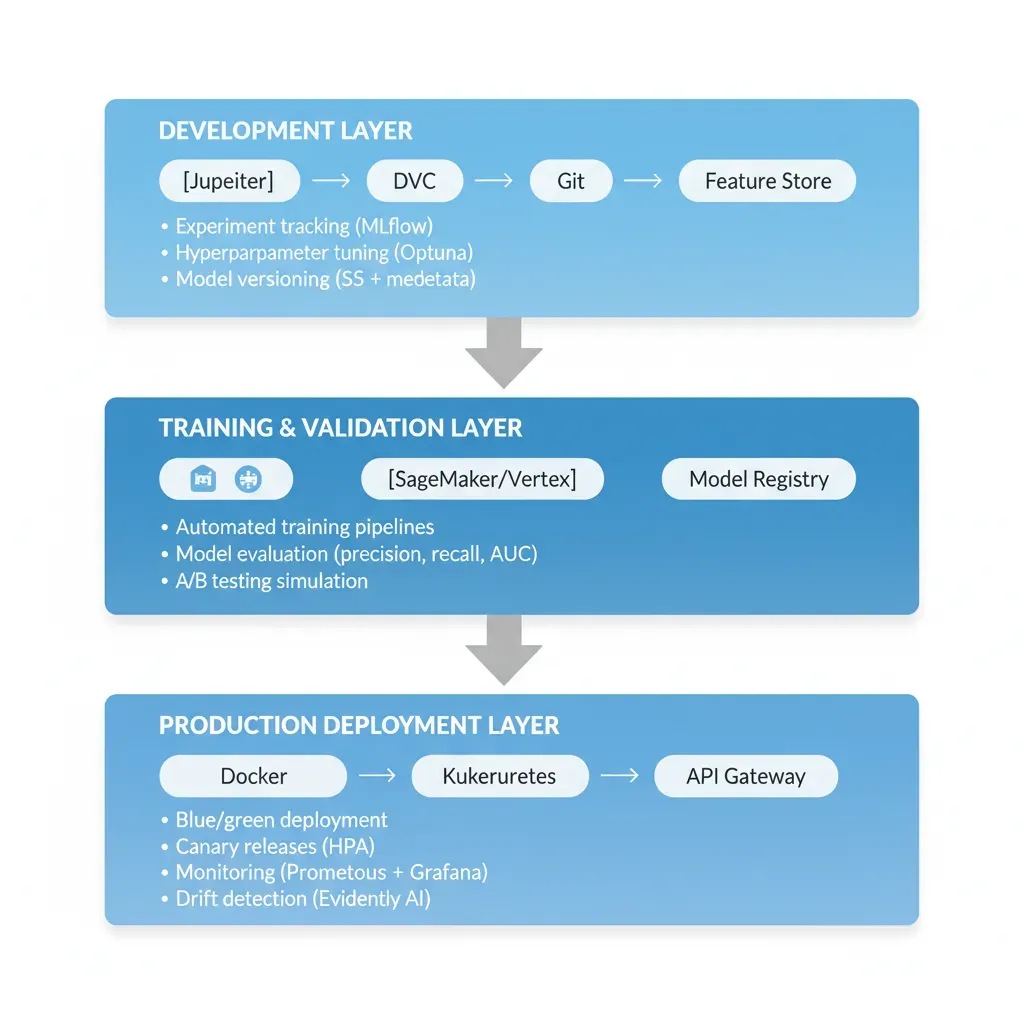 Arquitectura MLOps 3 capas: Development (Jupyter+DVC+Git), Training (SageMaker+Model Registry), Production (Docker+K8s+Monitoring)