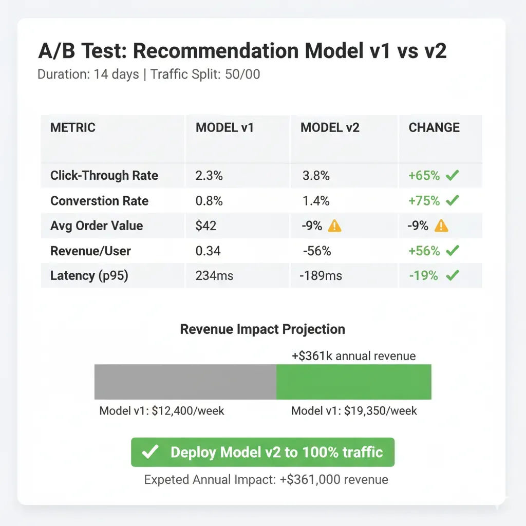 A/B test Model v1 vs v2: CTR 2.3%→3.8% (+65%), Conversion 0.8%→1.4% (+75%), Revenue impact +$361k annual