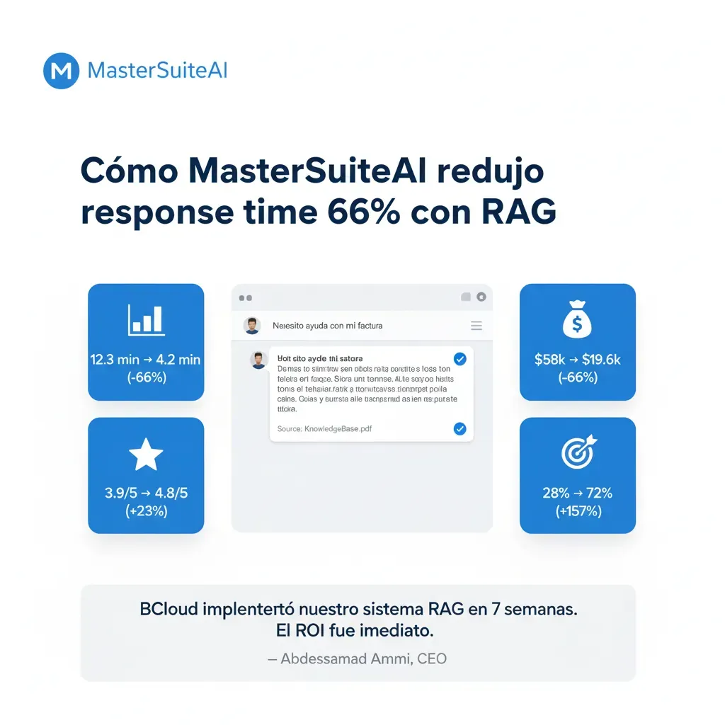 Caso de estudio MasterSuiteAI: 66% reducción response time, $38.4k/año ahorro, CSAT 4.8/5