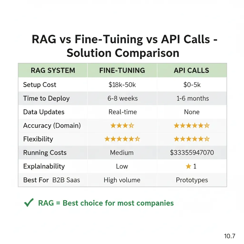 Tabla comparativa RAG vs Fine-Tuning vs API Calls: costes, tiempo deploy, accuracy, flexibilidad