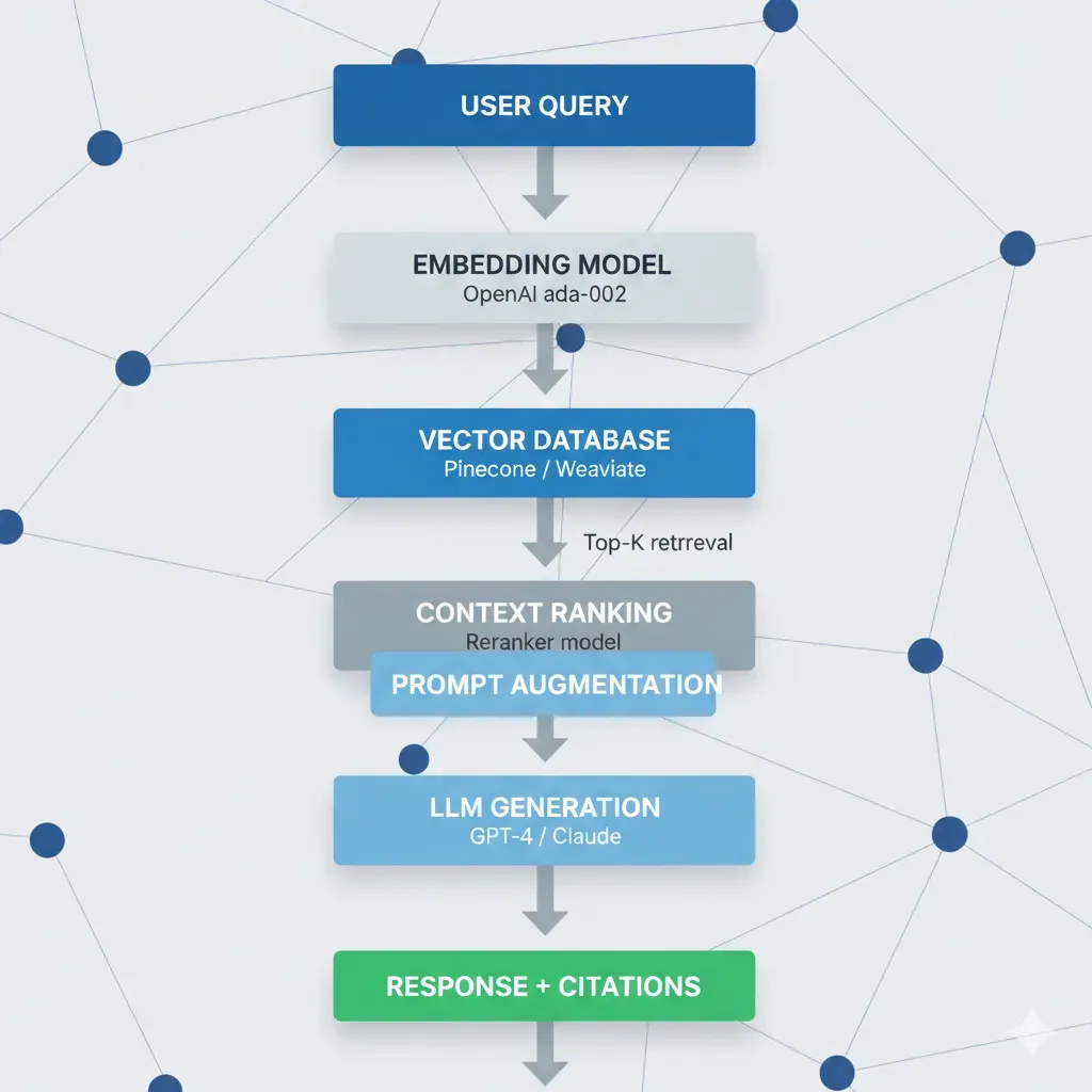 Arquitectura RAG Pipeline: Query → Embedding → Vector DB → Context Ranking → LLM → Response