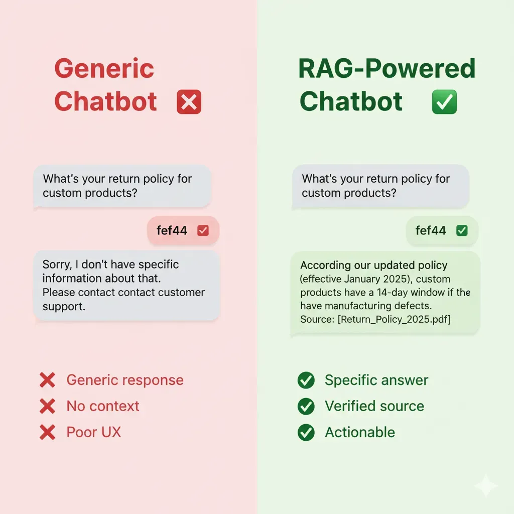 Comparación chatbot genérico vs RAG: respuestas genéricas sin contexto vs respuestas específicas con fuentes verificadas