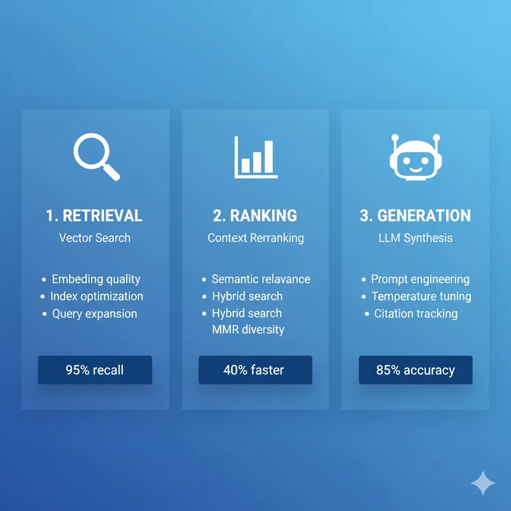 3 Componentes RAG: Retrieval (95% recall), Ranking (40% faster), Generation (85% accuracy)