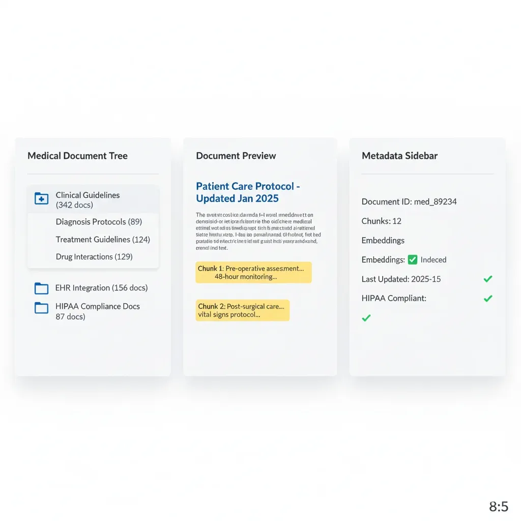 Interfaz Knowledge Base RAG: 342 documentos productos indexados con chunks vectorizados