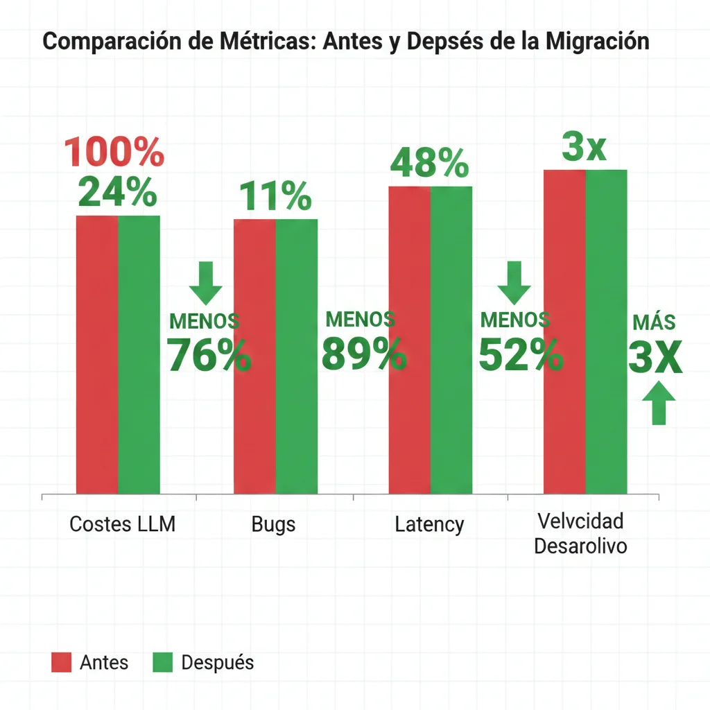 Gráfico comparativo métricas Octomind antes y después migración: costes, bugs, latency, velocidad desarrollo