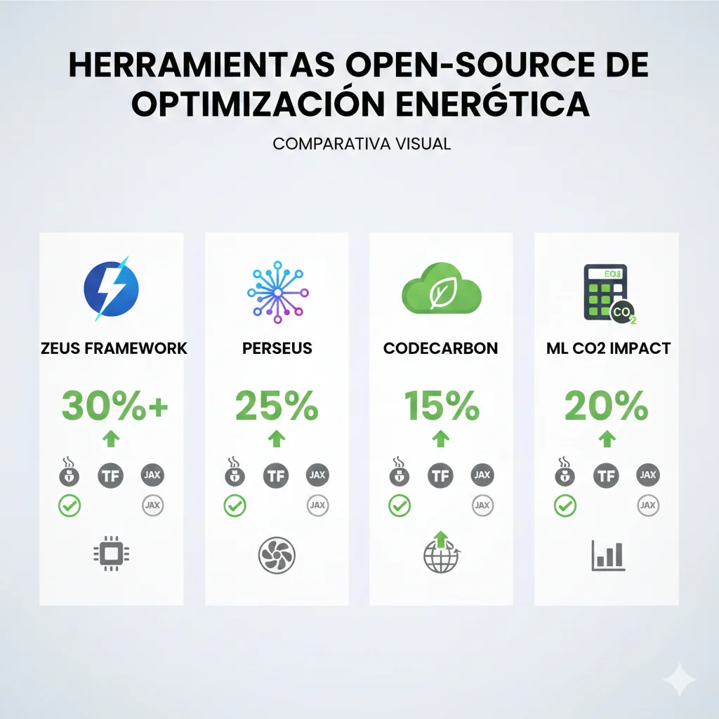 Comparativa visual de herramientas open-source para optimización energética: Zeus, Perseus, CodeCarbon, ML CO2 Impact con iconos y métricas de ahorro