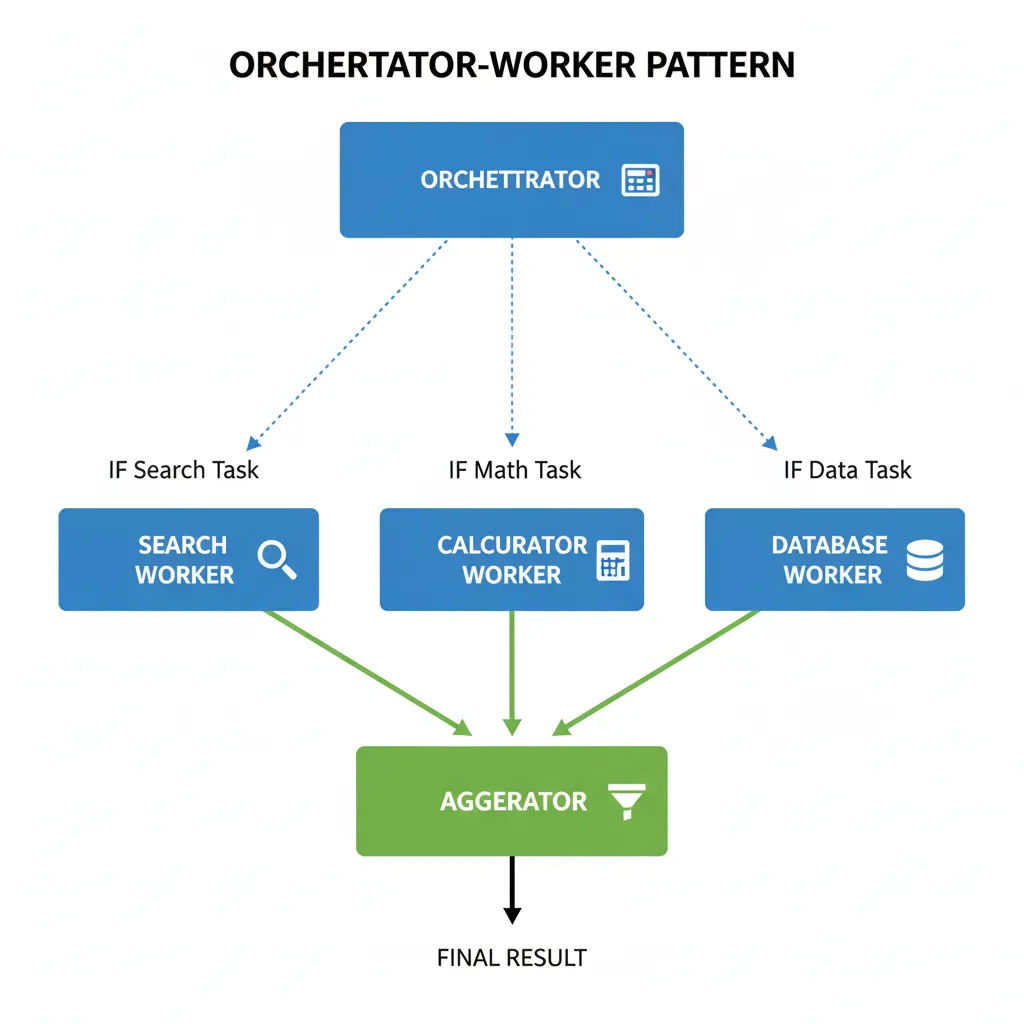 Diagrama arquitectura orchestrator-worker mostrando nodo central orchestrator conectado a tres workers especializados (search, calculator, database) con routing condicional, luego todos convergen a aggregator node para final response
