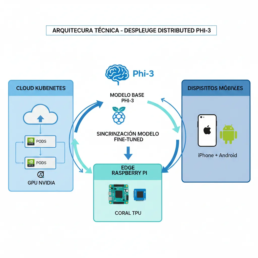 Diagrama arquitectura mostrando Phi-3 desplegado simultáneamente en cloud (Kubernetes), edge (Raspberry Pi) y mobile (iPhone/Android) con sincronización de modelos fine-tuned