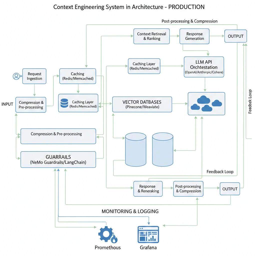Arquitectura production-ready completa mostrando flujo: user query → contextual retrieval (Pinecone) → hybrid search → reranking → LLM generation → multi-layer guardrails → monitoring (DataDog) → response o regeneration