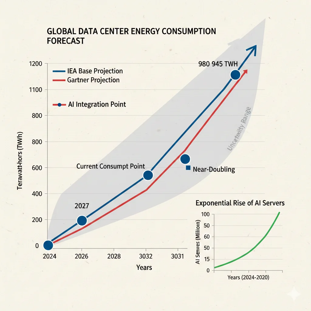 Gráfico de línea mostrando proyecciones de consumo energético de data centers de 2024 a 2035 con múltiples escenarios IEA y Gartner, destacando crecimiento exponencial de AI workloads