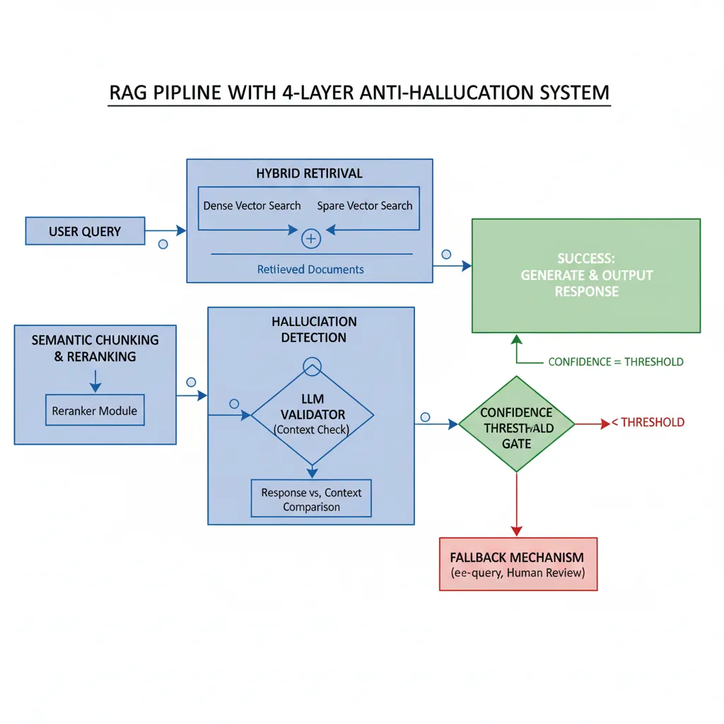 Diagrama arquitectura RAG pipeline mostrando 4 layers: hybrid retrieval con dense y sparse vectors, semantic chunking con reranking usando cross-encoder, hallucination detection layer con LLM validator, y confidence threshold con fallback routing