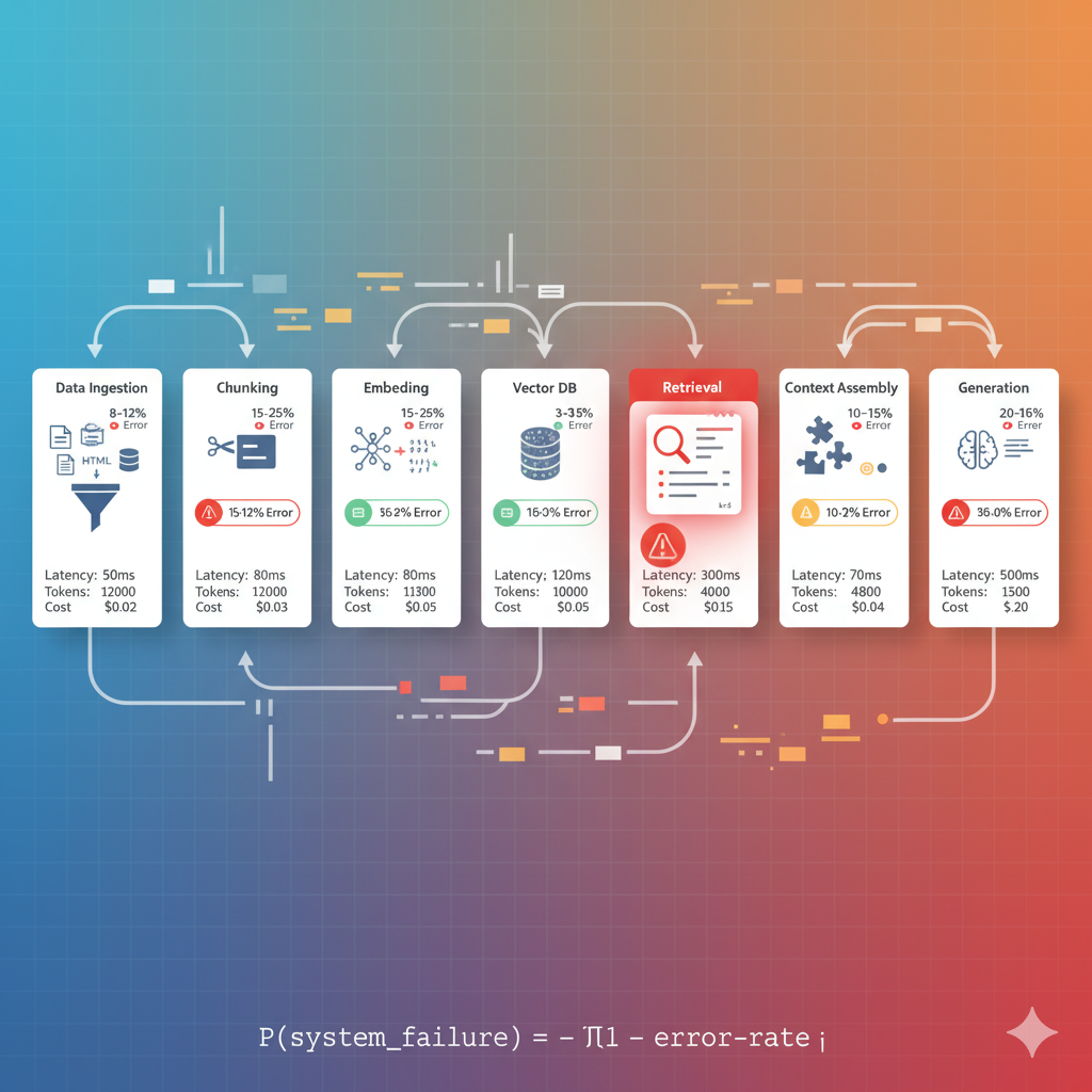 Diagrama complejidad pipeline RAG con 7 componentes interdependientes