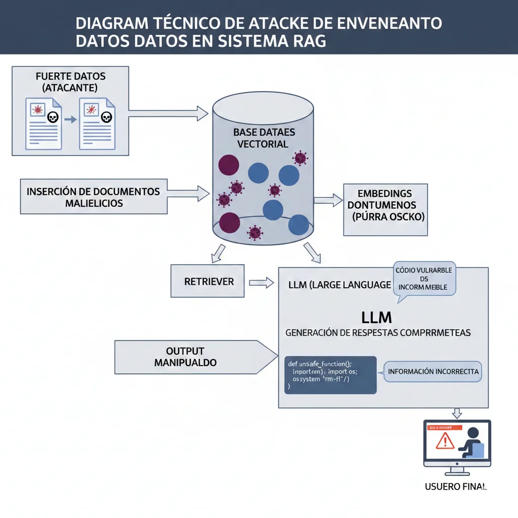 Diagrama técnico de ataque de envenenamiento de datos en sistema RAG mostrando la inserción de documentos maliciosos en vector database, recuperación por el LLM y generación de respuestas comprometidas