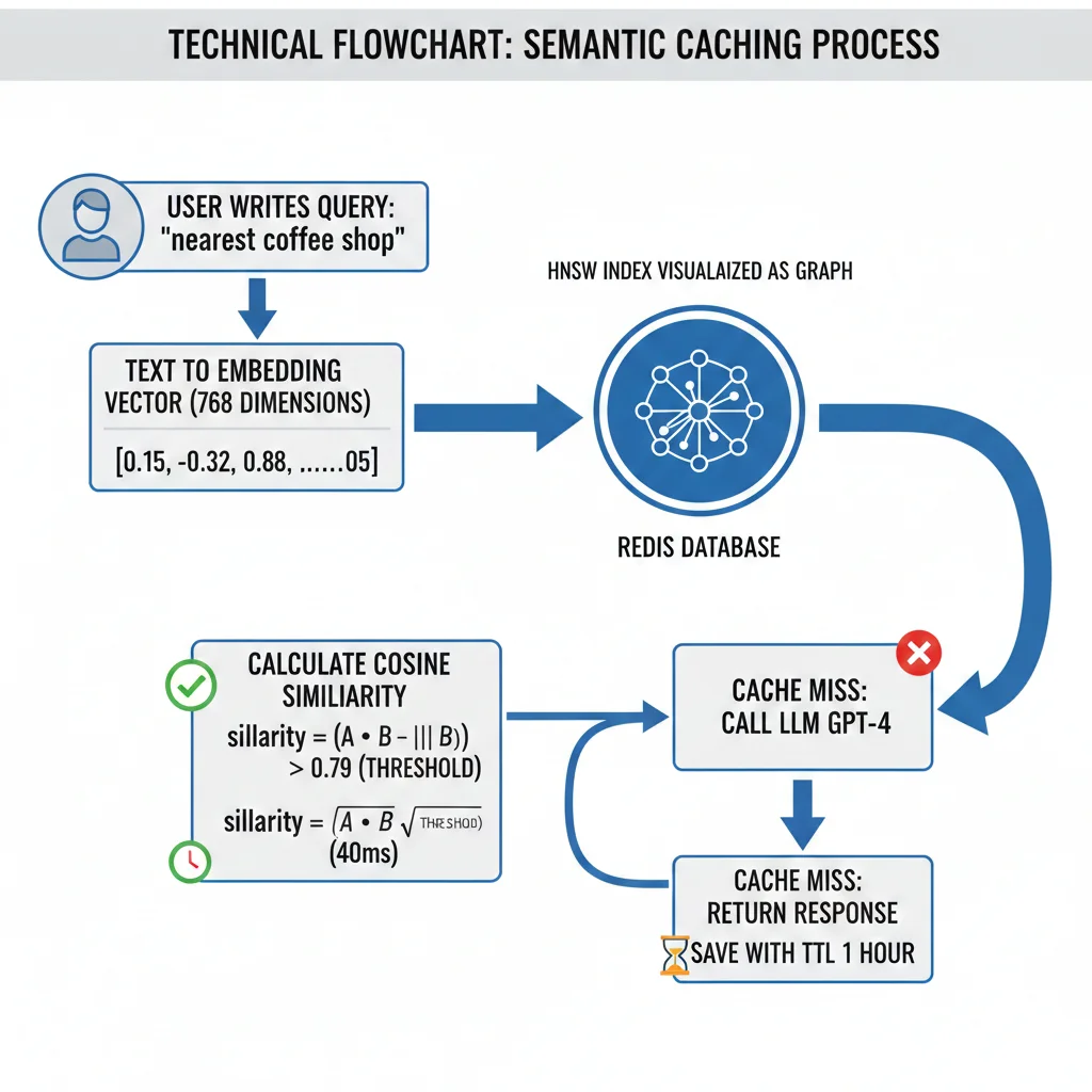 Diagrama flujo semantic caching mostrando query usuario convertido a embedding, búsqueda similitud Redis con threshold 0.79, cache hit devuelve respuesta directa en 40ms, cache miss llama LLM y guarda resultado con TTL