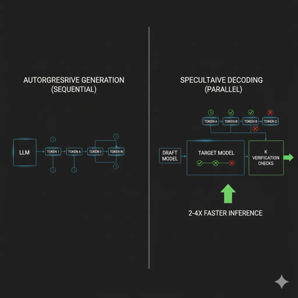 Diagrama de flujo del algoritmo speculative decoding mostrando draft model generando tokens candidatos y target model verificando en paralelo