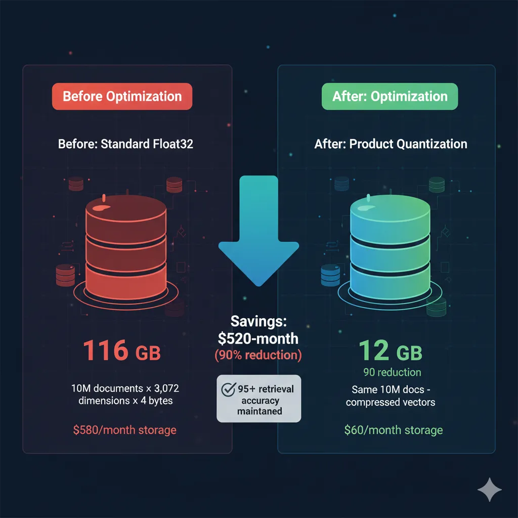 Diagrama comparativo almacenamiento vector database antes y después quantization mostrando reducción 116GB a 11.6GB con product quantization embeddings float32 vs int8