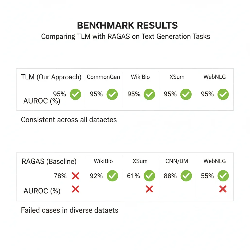 Gráfico de resultados TLM mostrando 95% AUROC consistente en FinanceBench, PubMed, DROP y CovidQA vs RAGAS y otros métodos