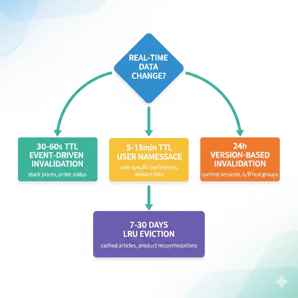 Flowchart decision tree para seleccionar TTL strategy: preguntas ¿data cambia real-time? ¿user-specific? ¿versionado? llevando a recomendaciones específicas 30s-30días TTL