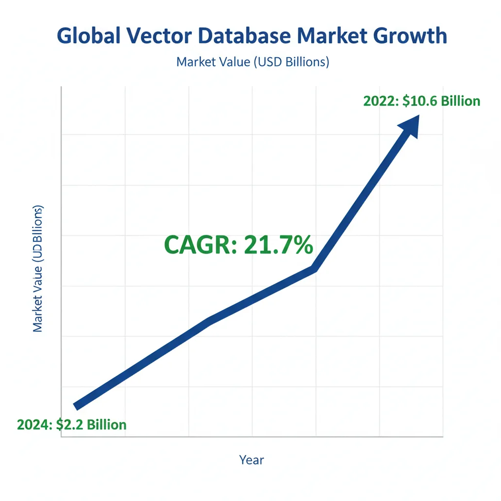 Gráfico crecimiento mercado vector databases 2024-2032 mostrando evolución de 2.2 mil millones a 10.6 mil millones con proyección CAGR 21.7 por ciento