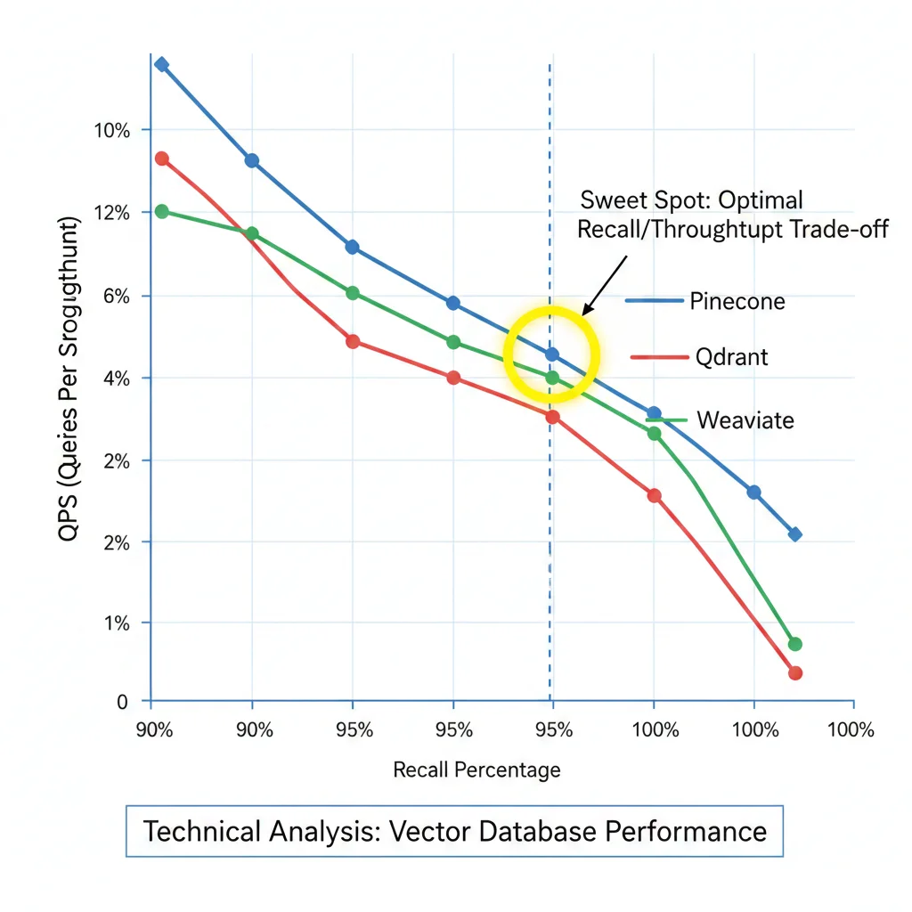 Gráfico línea mostrando trade-off recall versus QPS throughput en bases de datos vectoriales donde 99 por ciento recall reduce QPS en 50-70 por ciento comparado con 90 por ciento recall