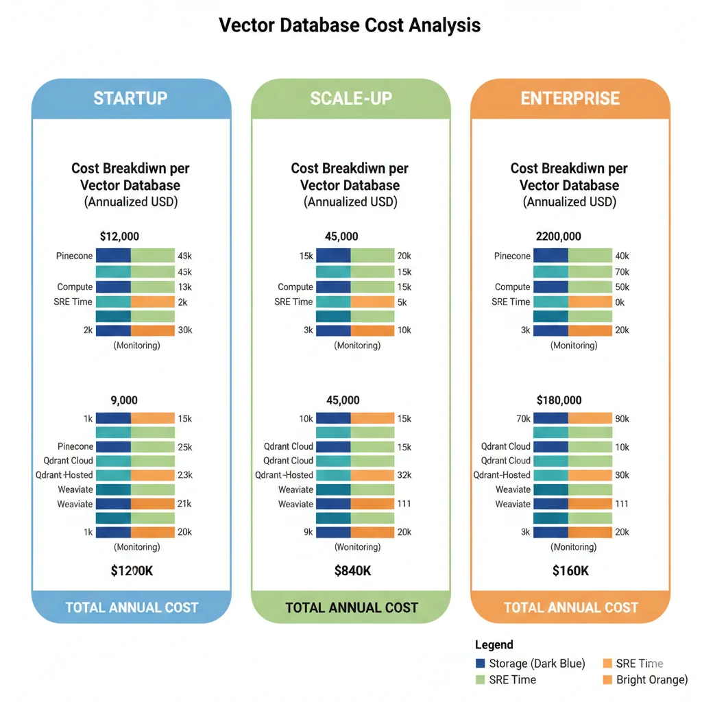 Comparativa costes TCO total cost ownership tres escenarios startup scale-up enterprise mostrando desglose Pinecone Qdrant Cloud Qdrant self-hosted Weaviate con breakdown storage compute SRE time